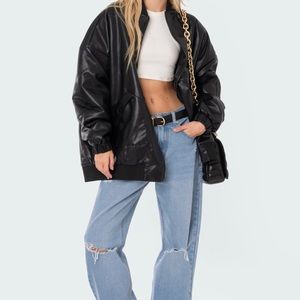 Black faux oversized leather bomber jacket